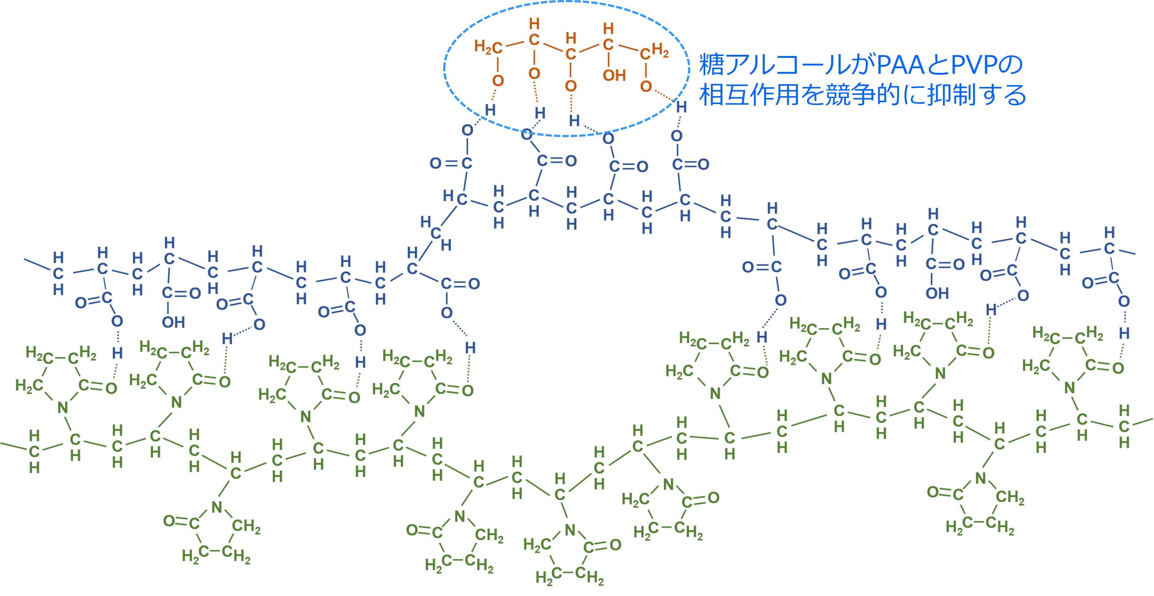 糖アルコールがPAA/PVP複合体形成に及ぼす作用の模式図